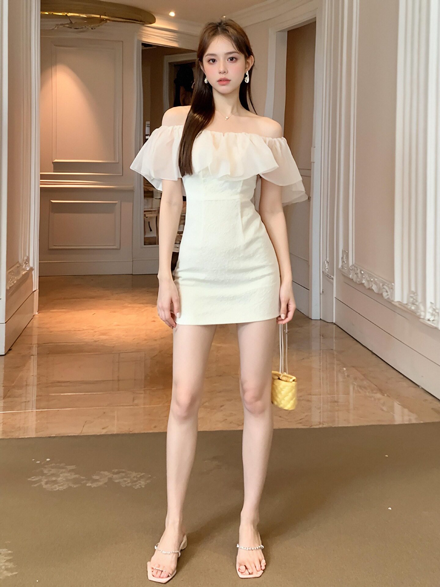 Đầm ôm body nữ cổ yếm tay bồng, chất liệu voan ren cao cấp — [Màu hồng đào] chi tiết 7