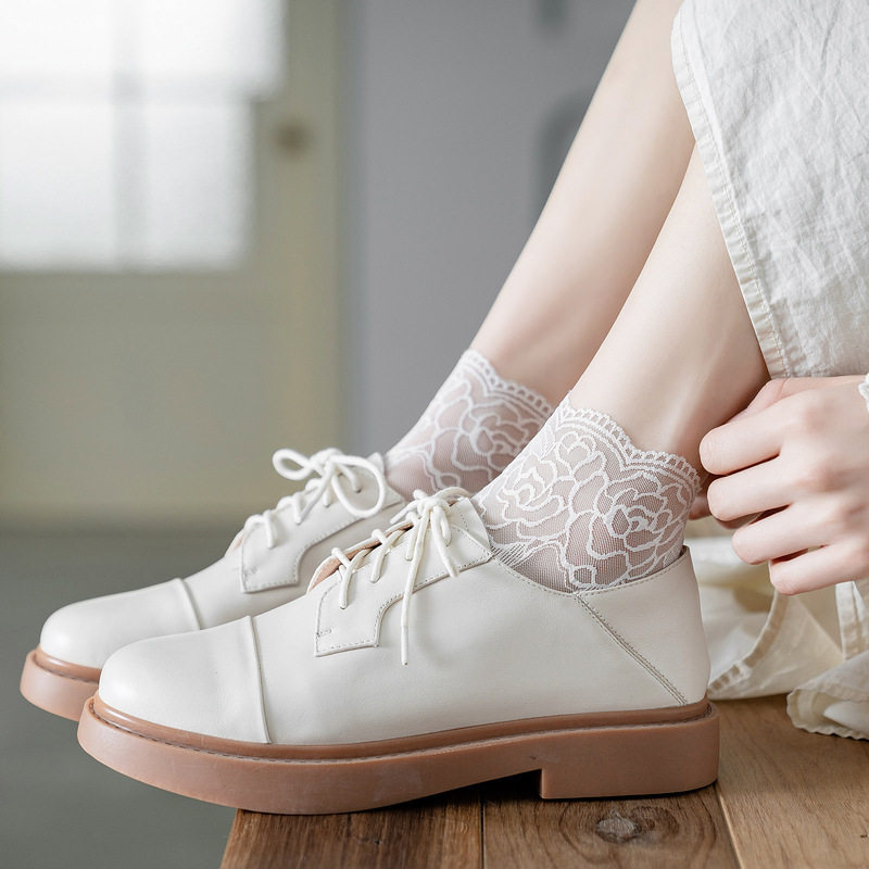 船袜女夏季薄款中筒蕾丝袜单鞋镂空百搭透气吸汗女士短袜夏天袜子