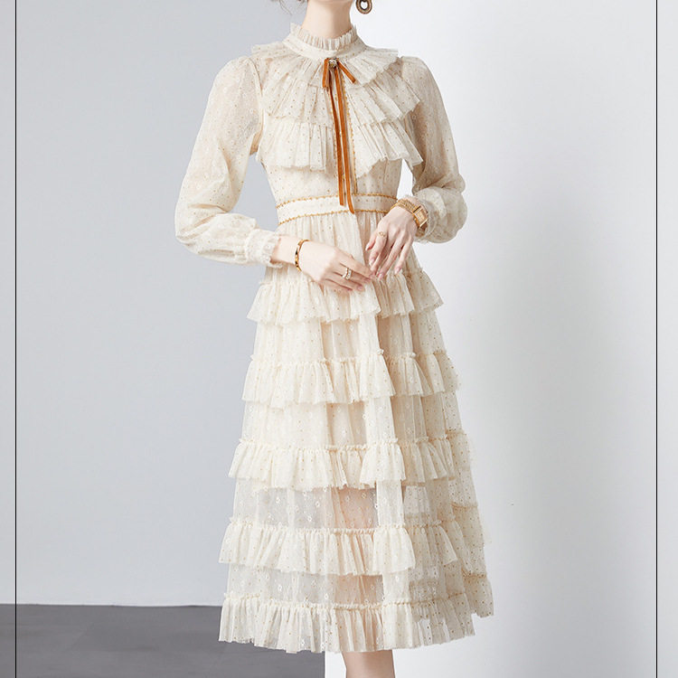 Elegant Long Sleeve A Line Dress High End Lightweight Fabric Waist Defining Sheer Mesh Cake Style Perfect for