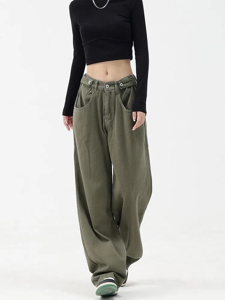 Womens Green High Waisted Straight Leg Jeans Adjustable Loose Fit Plus Size Casual Spring Fall Wear Wholesale