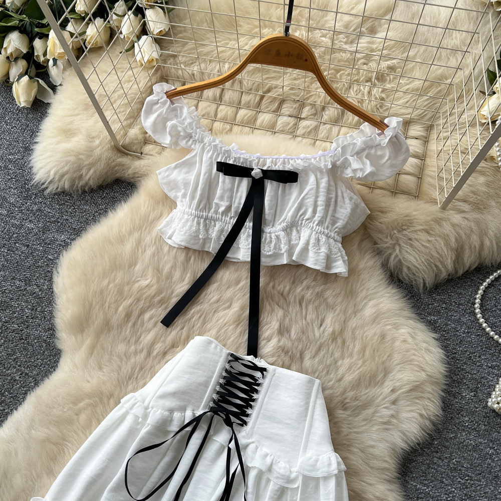 Off Shoulder Puff Sleeve Top with Tie Sweet French Style High Waisted Cake Skirt Set Summer Womens Fashion Wholesale
