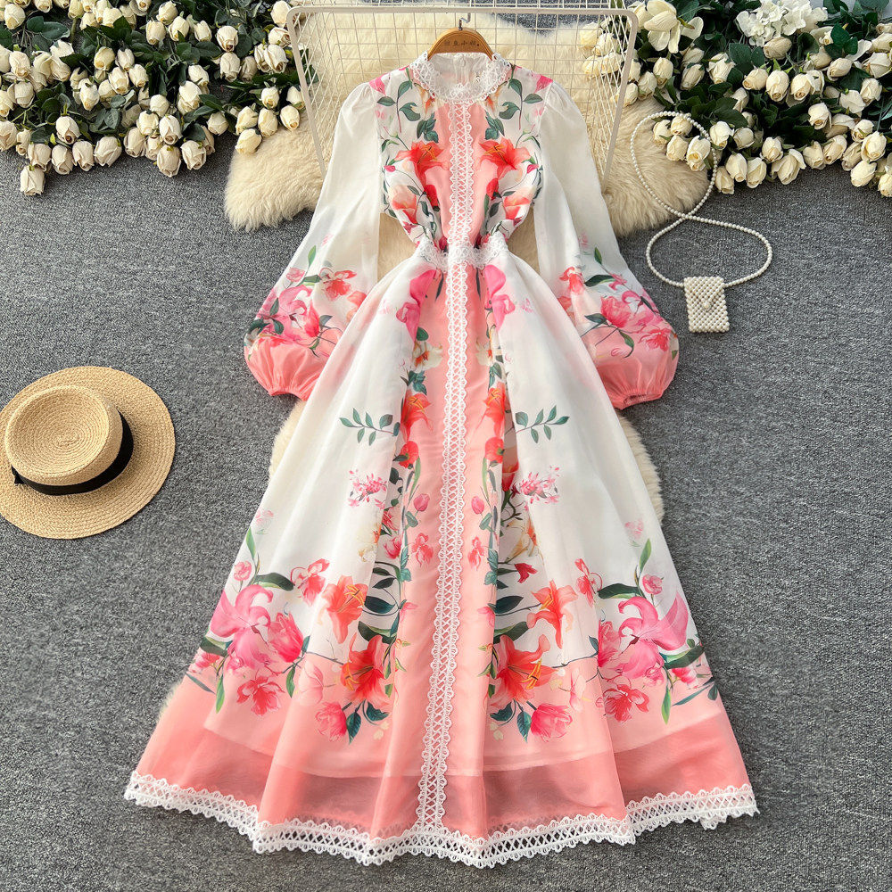 French Vintage Floral Print Dress Long Sleeve Slim Fit A Line Silhouette Romantic Spring Vacation Style Wholesale