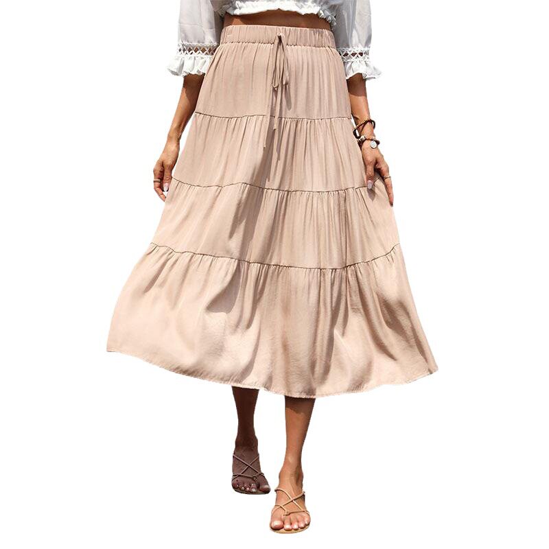 Summer Womens Ruffled Solid Color Midi Skirt Elegant Design Comfortable Fit Versatile for Casual or Formal Occasions