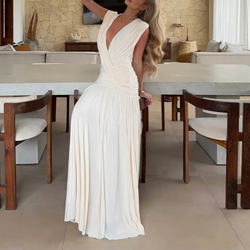 Womens Summer Dress Fashionable V Neck Ruched Design Slim Fit Long Length Perfect for Vacation or Casual Occasions
