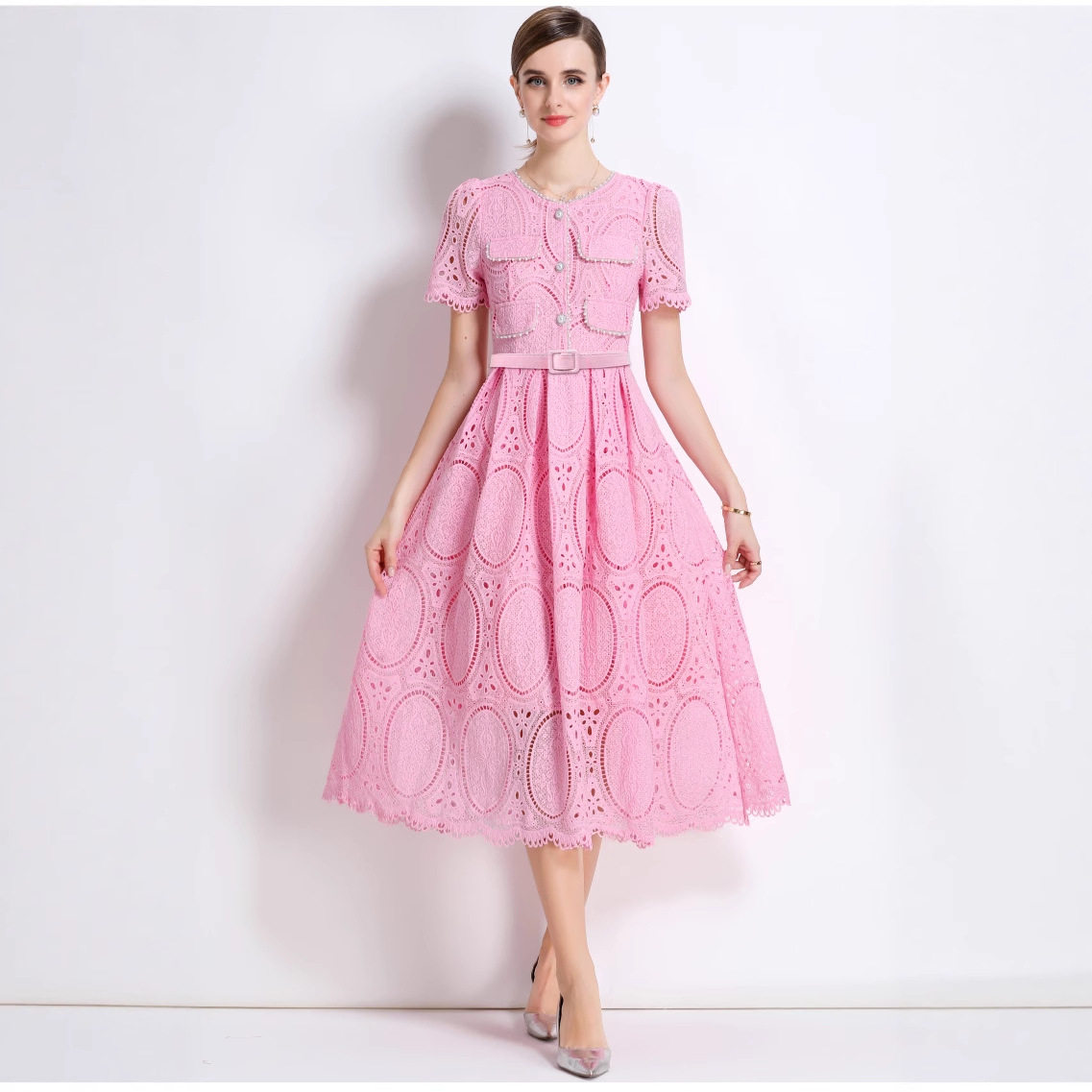 French Elegant Beaded Round Neck Short Sleeve Lace Dress Hollow Out Waist Tie Chic Design Perfect for Parties and