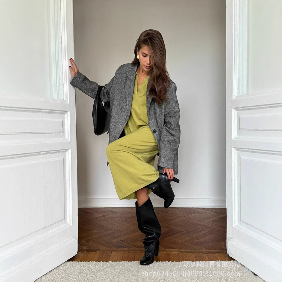 Long Sweater Dress Soft Fabric Scissor Collar Loose Fit Elegant Style Autumn Winter Fashion Wholesale Available