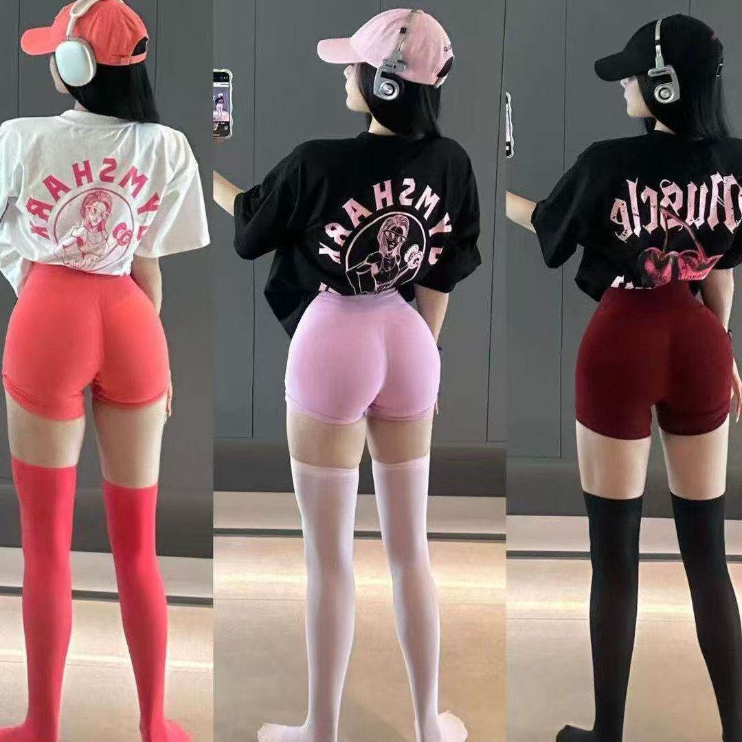เสื้อยืดแขนสั้นผ้าฝ้าย ทรงหลวม ลายฉลาม สำหรับคู่รัก เสื้อผ้าลำลองใส่วิ่ง โยคะ และออกกำลังกาย สำหรับผู้ชายและผู้หญิง