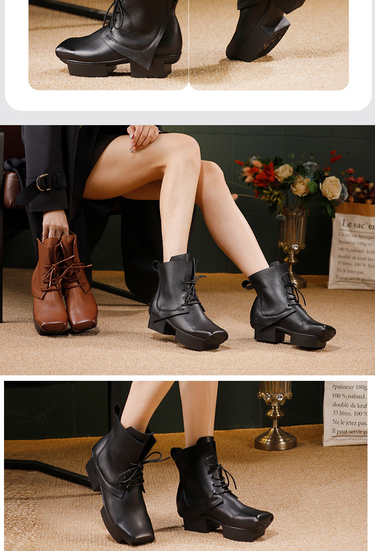 Boot nữ cổ thấp gót vuông da bò thật buộc dây phong cách cổ điển — màu đen, màu nâu