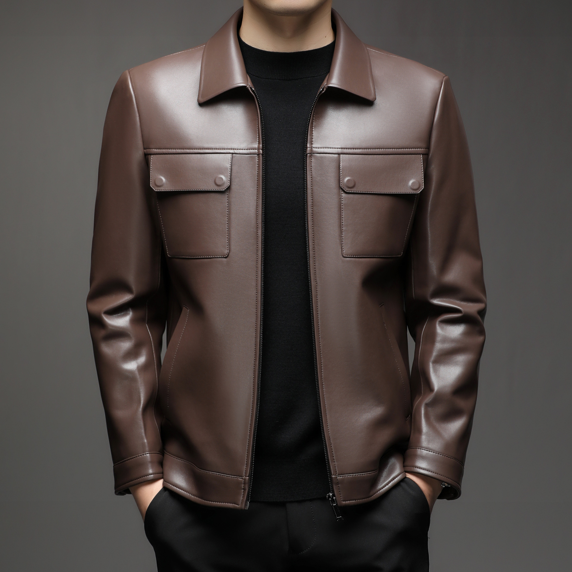 Áo Da Nam Kín Cổ Hàng Mùa Xuân Thu Đông Trung Niên