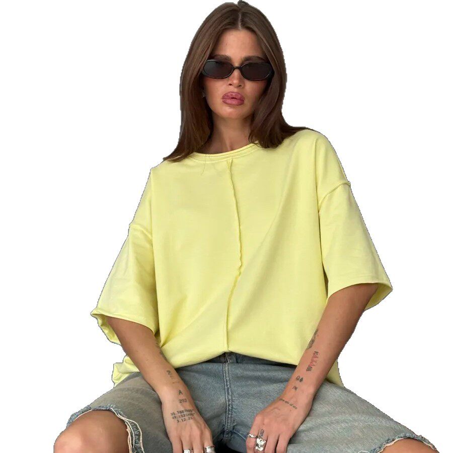Womens Loose Fit Cotton T Shirt Distressed Short Sleeve Color Block Design Spring Summer Casual Wear Wholesale