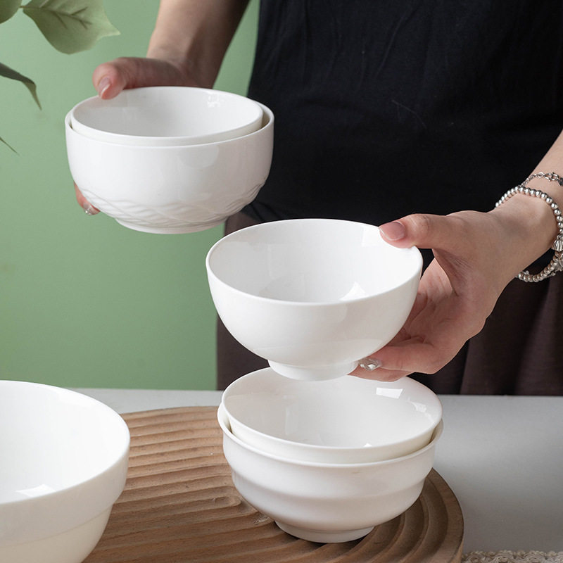 Simple Rice Soup Bowl Set for Home Use, Japanese-Style Pure White High-Temperature Resistant Ceramic Bowls