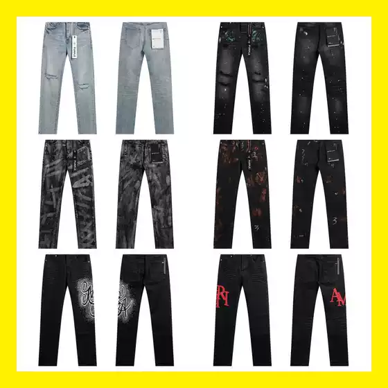 Purple Brand New Splash Print Trendy High Street Retro Ripped Casual Trendy Unisex Denim Pants