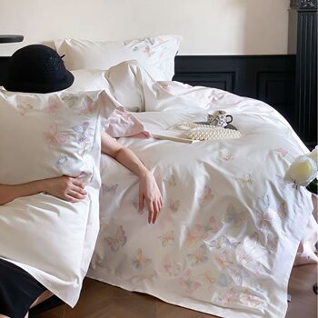 Class a 100S Long-Staple Cotton Pure Cotton Four-Piece Set of Cotton Quilt Cover Bed Sheetss Butterfly Embroidered Quilt Cover Princess Style Girly Heart