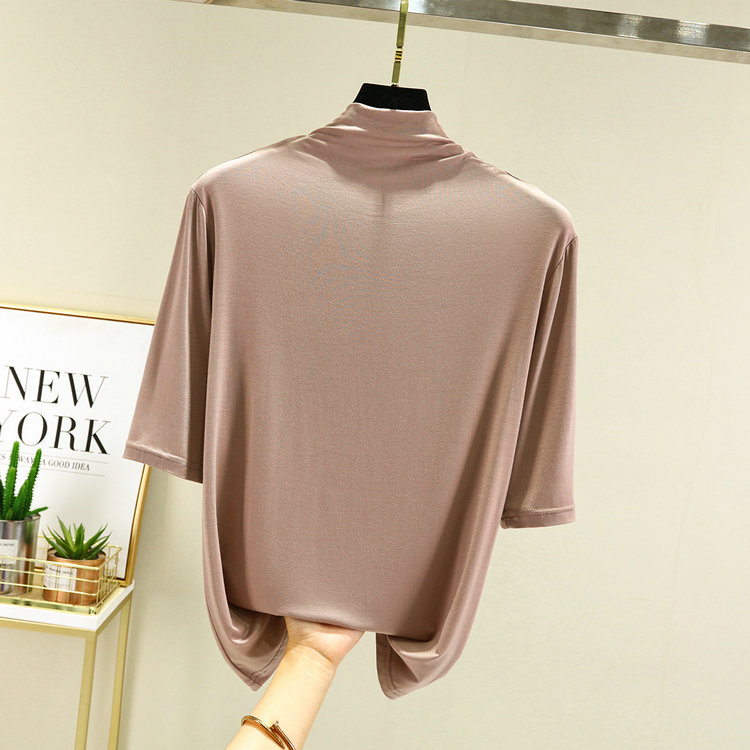 早秋新款纯色基础半高领中袖打底衫女莫代尔棉百搭五分袖T恤上衣