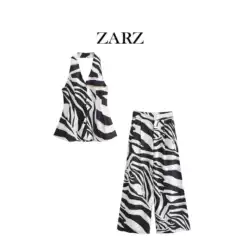 Zarz Self-Made European and American Style New Women's Clothing Zebra Print Linen Blend Vest Zebra Print Wide-Leg Pants