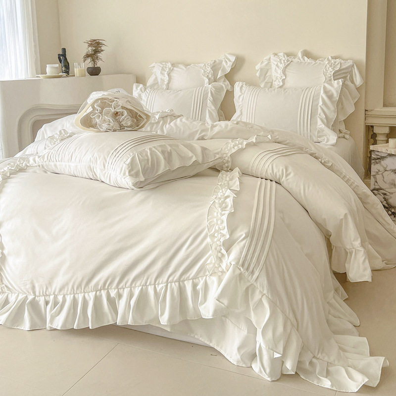 Wholesale Ins Korean Skin-Friendly Soft Pure Color Washed Cotton Four-Piece Princess Style Lotus Leaf Lace 4-Piece Set