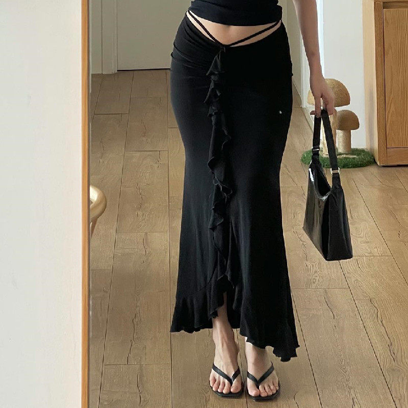 French Style Ruffled Hem Midi Skirt Low Waist Pleated Design Elegant Fit Perfect for Autumn Fashion Wholesale