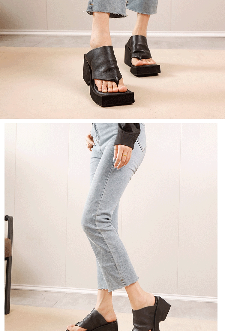 Dép xỏ ngón nữ da bò thật đế cao gót 8cm phong cách cổ điển — Màu đen