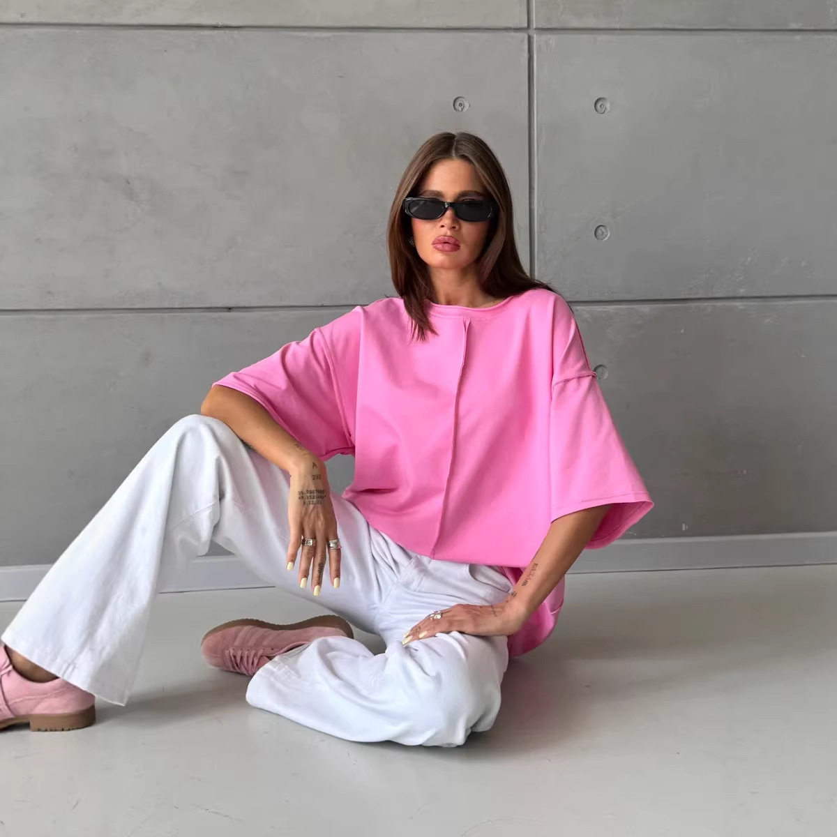 Womens Loose Fit Cotton T Shirt Distressed Short Sleeve Color Block Design Spring Summer Casual Wear Wholesale