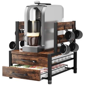Cross-Border Wooden Coffee Machine Storage Rack Coffee Bar with Drawer Hanging Cup Rack Iron and Wood Combined Storage Storage Rack