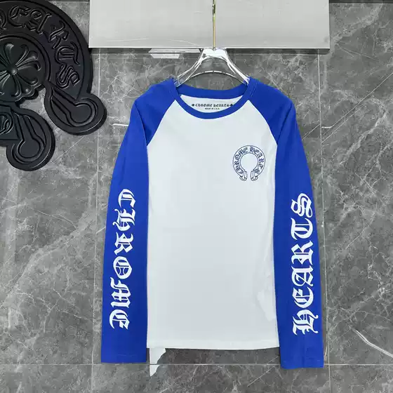 2023 Spring/Summer New Arrival CH Letter Horse Blue & White Raglan Long-Sleeve Tee Unisex