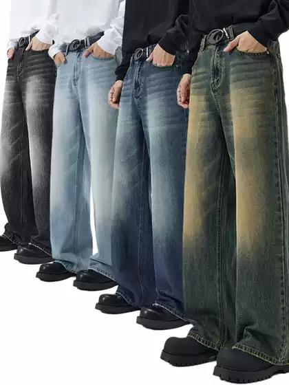 LKTM Men's# Four Seasons Running Volume Korean Style Type A Straight Jeans Men's Fashion Brand Loose Wide Leg Long Pants