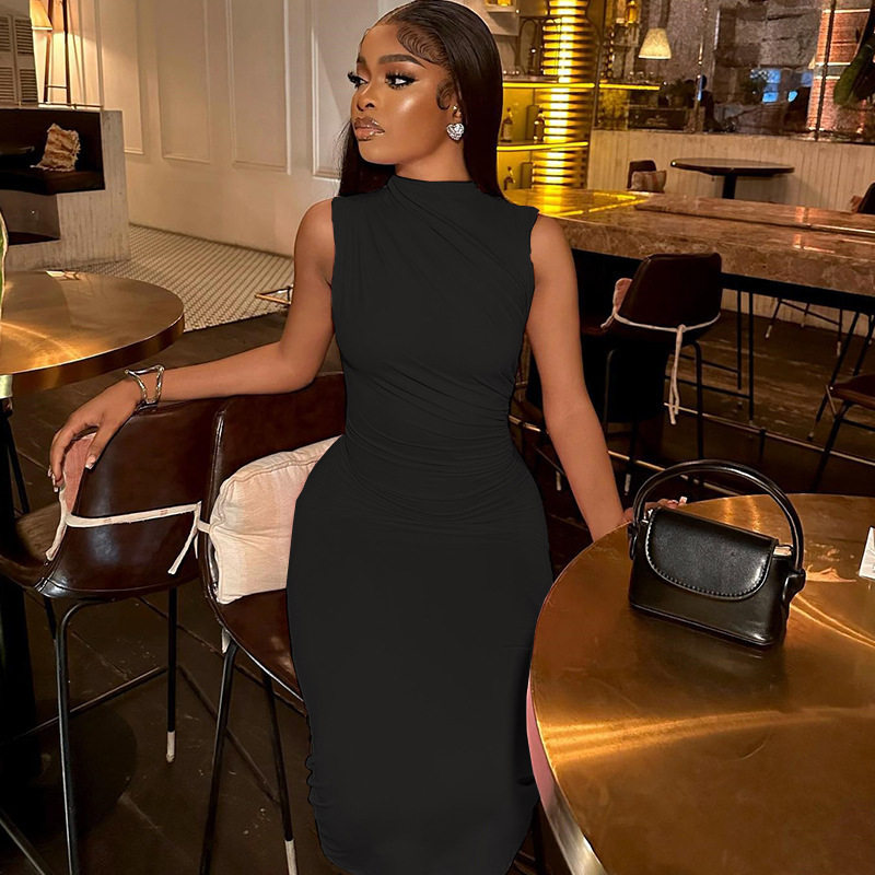 Sleeveless Bodycon Dress Solid Color Round Neck Waist Defining Casual Style Perfect for Parties or Everyday Wear
