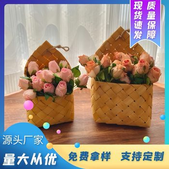 Wood Chip Wall Hanging Flower Basket Living Room Wall Decoration Hanging Basket Key Storage Kitchen Ginger Garlic Storage Basket Dried Flower Flower Flower Basket