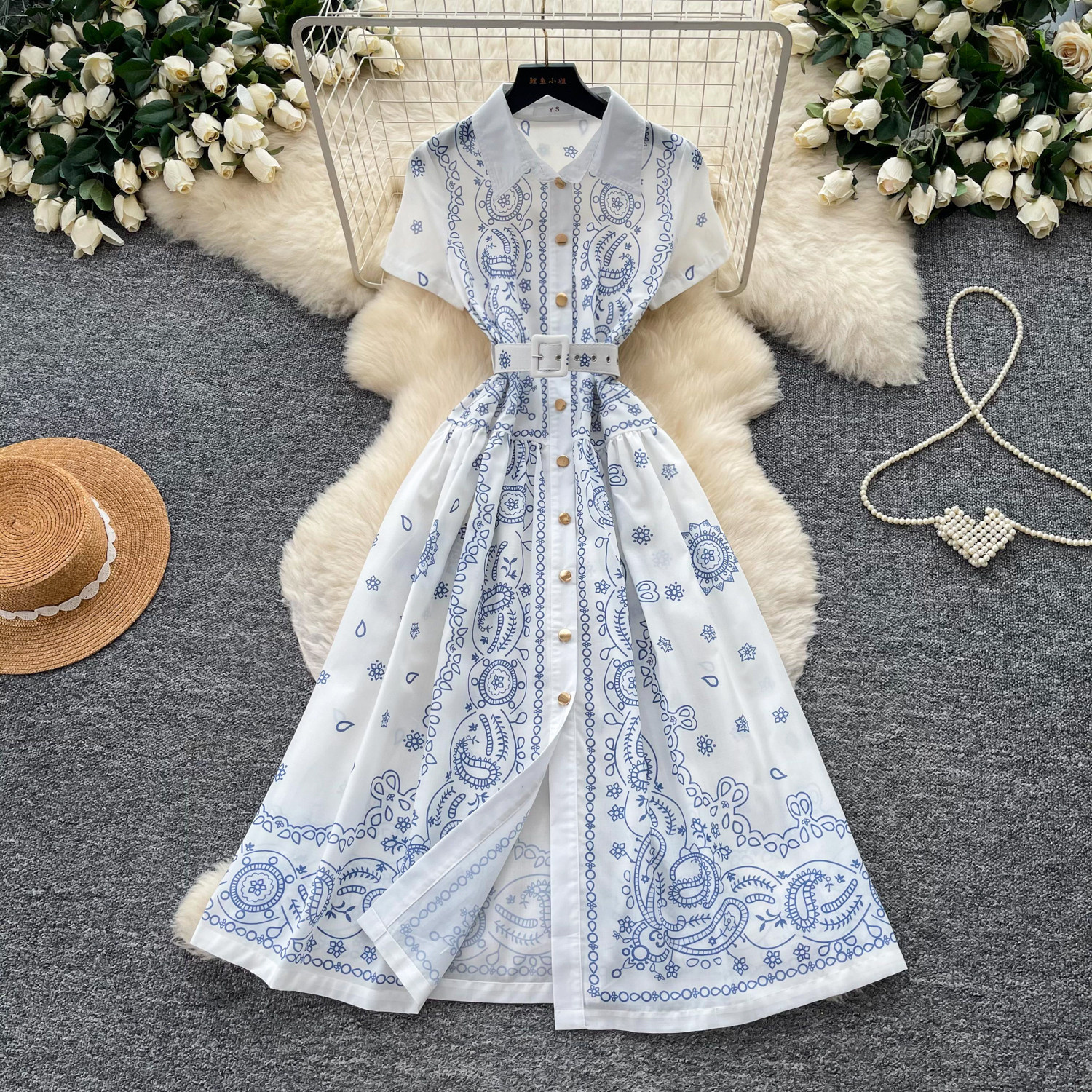 Geometric Print Shirt Dress French Vacation Style Sleeveless Waist Defined Elegant Long Dress Summer Wear
