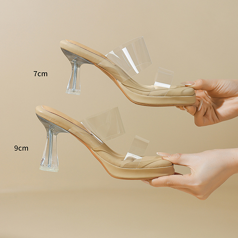 Dép sandal nữ quai ngang trong suốt gót pha lê 7cm 9cm — Bạc 7cm, Bạc 9cm, Màu trắng nhạt 9cm, Mơ 7cm