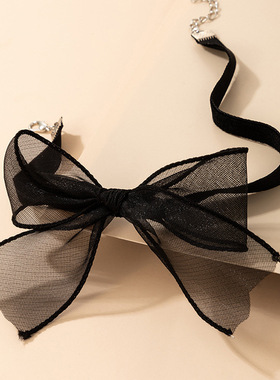 法国优雅黑色项圈choker网纱绢纱蝴蝶结项链小众设计项饰