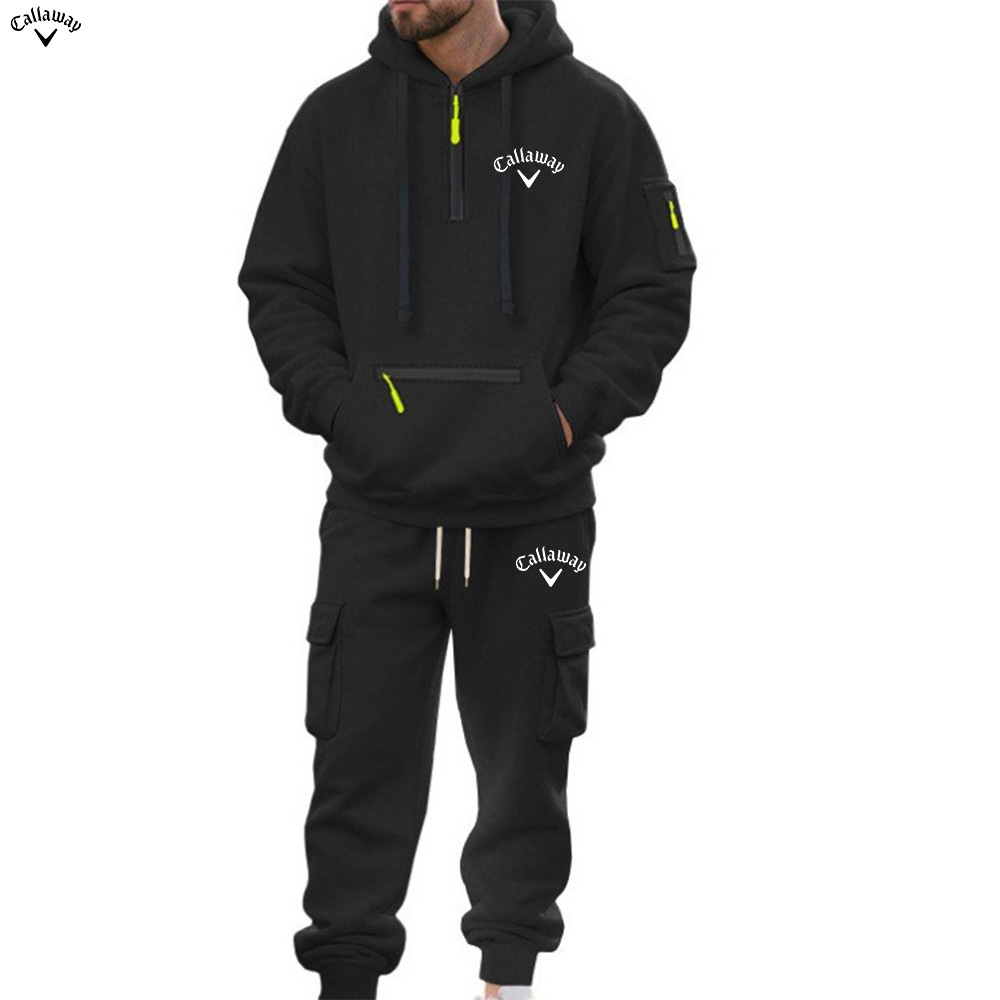 2025跨境男装亚马逊冬季加绒男士休闲套装宽松运动多口袋工装套装