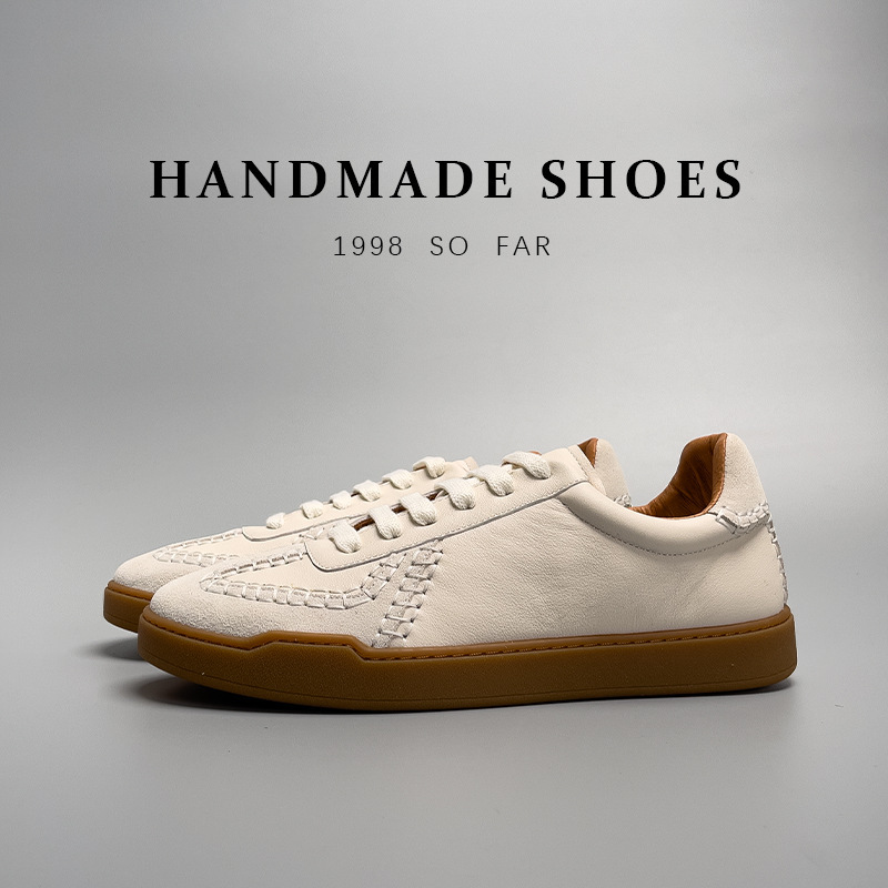 Giày sneaker nam da bò thật cao cấp đế thấp kiểu bóng chày — Màu Be [tỷ lệ chất lượng trên 1000]