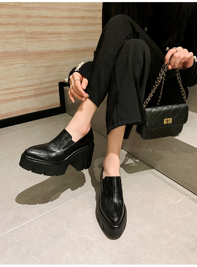 Giày lười nữ mũi nhọn gót thô 10cm đế xuồng da cừu thật — màu đen, Màu nâu