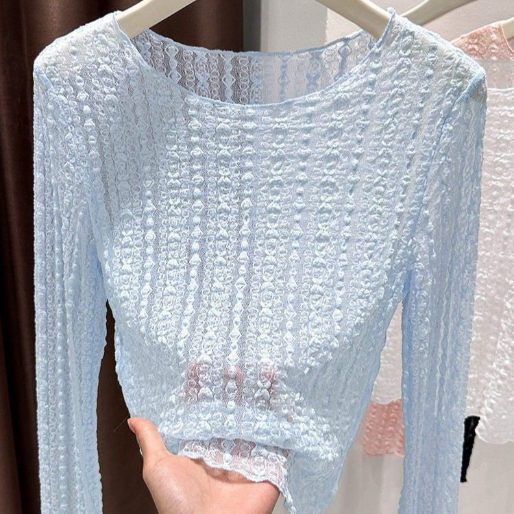 French Lace Long Sleeve T Shirt for Women Lightweight Sheer Slim Fit Round Neck Summer Layering Top Wholesale