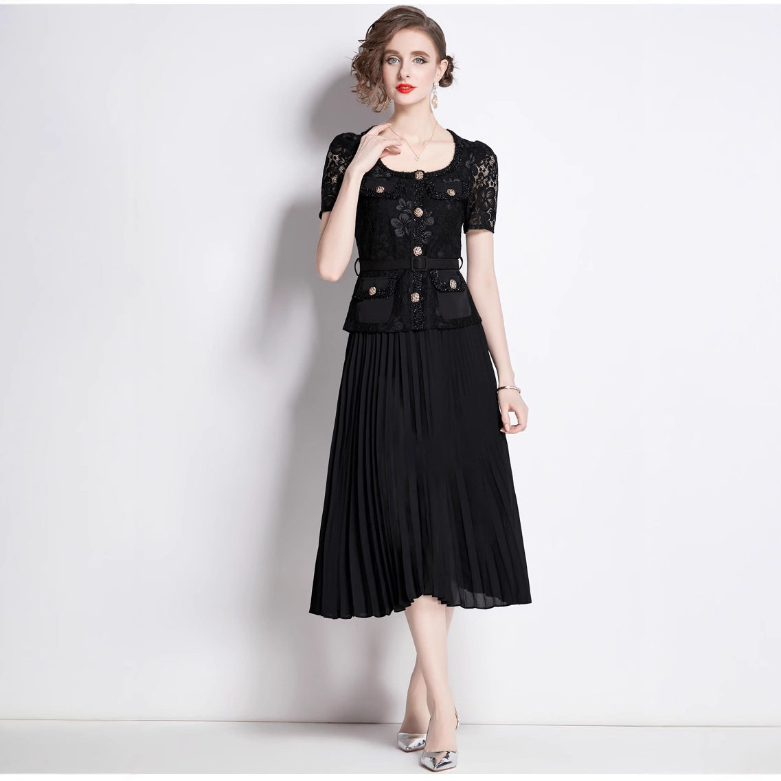 French Style Elegant Womens Dress High End Lace Trimmed Pleated Long Skirt Perfect for Formal Events Wholesale