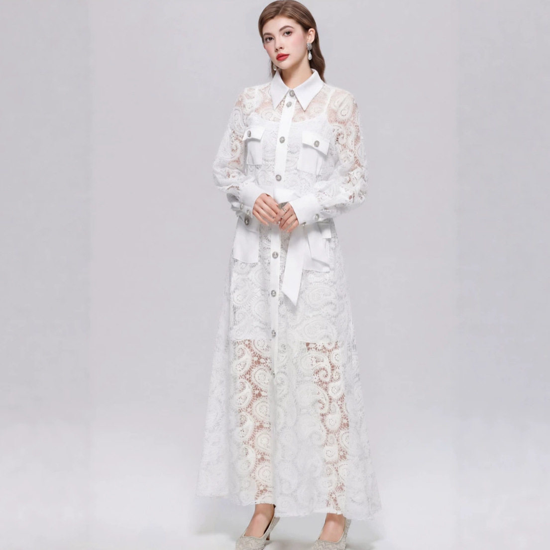 French Romantic Style Lace Dress Stand Collar Lantern Sleeves Slim Fit A Line Silhouette Elegant Summer Occasion