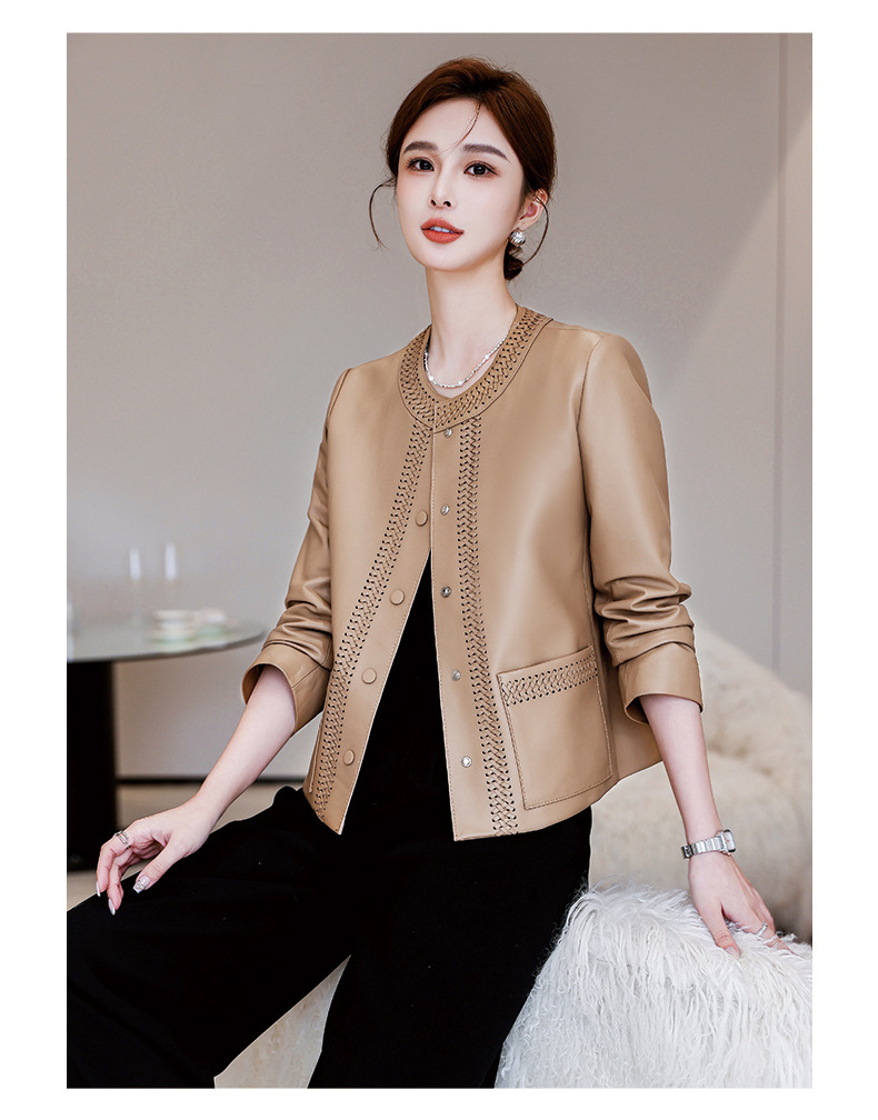 Áo khoác da nữ dáng ngắn cổ chữ V phối dây đan — Màu đen, Màu Kaki, Màu nâu