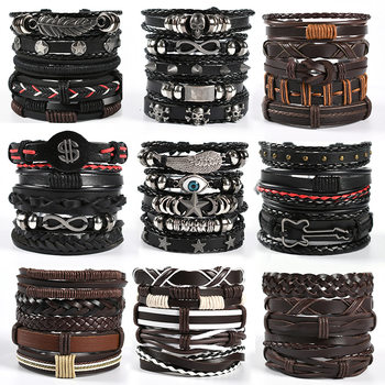 Cross-Border European and American Men's Woven Leather Bracelet Multi-Layer Set Skull Bracelet Genuine Leather Bracelet Chain