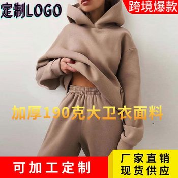 European and American Autumn and Winter Loose Velvet Thickeneded Women's Suits Sports Casual Fashion Pure Color Hooded Sweatshirt Leggings Suit
