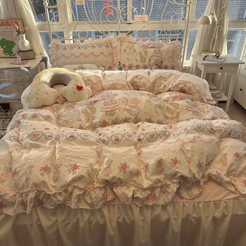 Korean Style Princess Style Pure Cotton Bed Skirt Four-Piece Set Cute Girly Heart Bed Sheets Quilt Cover Skin-Friendly Dormitory Three-Piece Set