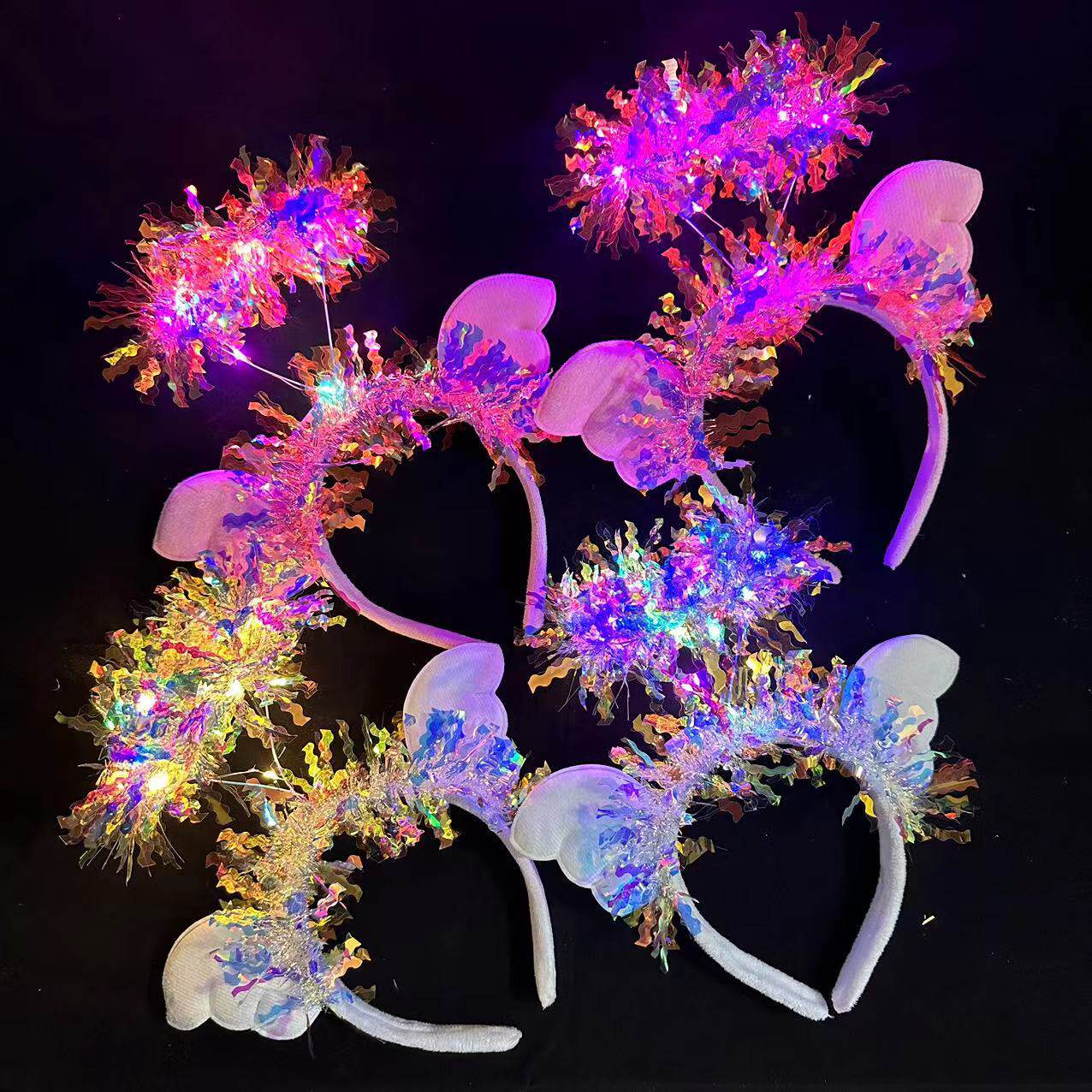 跨境热卖14灯毛毛兔耳朵发光发箍地推金丝羽毛猫耳朵发光头箍玩具