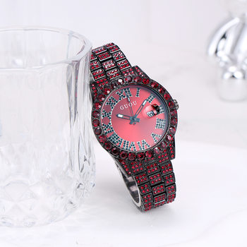 GUOU colored diamond hip hop roman numeral calendar diamond watch personality large dial star luxury steel band watch