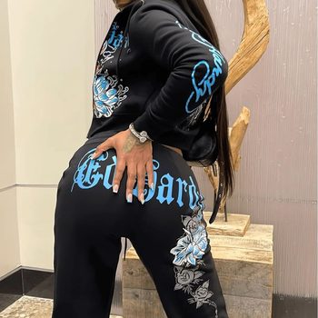 American Street Style Contrasting Waist Camouflage Hooded Sweatshirt Casual Straight Sweatpants Fashion Two-Piece Suit for Women