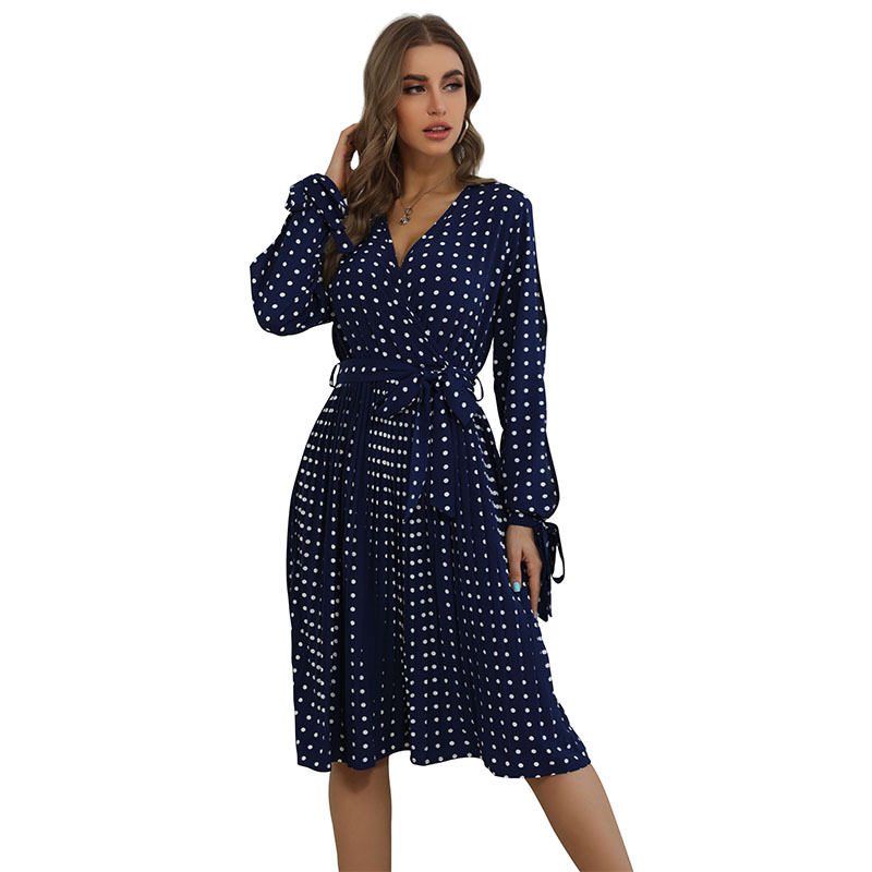 Lace Long Sleeve Blue Polka Dot Dress Elegant Design Comfortable Fit Autumn Winter Style Wholesale Available