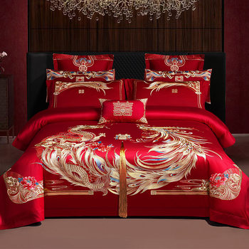 Bright Red Pure Cotton 100% Cotton Wedding Four-Piece Set with Dragon and Phoenix Embroidery, Wedding Bedding, Dowry Bedspread Multi-Piece Set