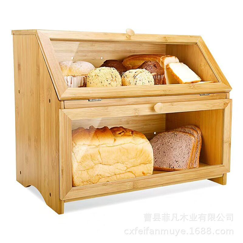 Bamboo bread box acrylic transparent double layer large capacity bread storage box wholesale kitchen dustproof sealed box
