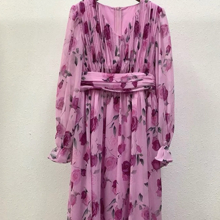 Elegant French Style Maxi Dress for Women High End Waist Defining Slim Fit Floral Print Chiffon Fabric Perfect