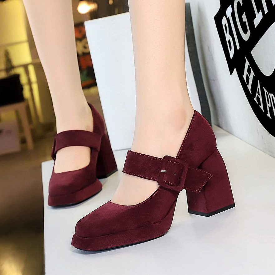 Giày Mary Jane Nữ Nỉ Quai Ngang Khóa Cài Chiều Cao Đế Khoảng 7cm Màu Đỏ Rượu, Nâu, Đen, Da Báo...