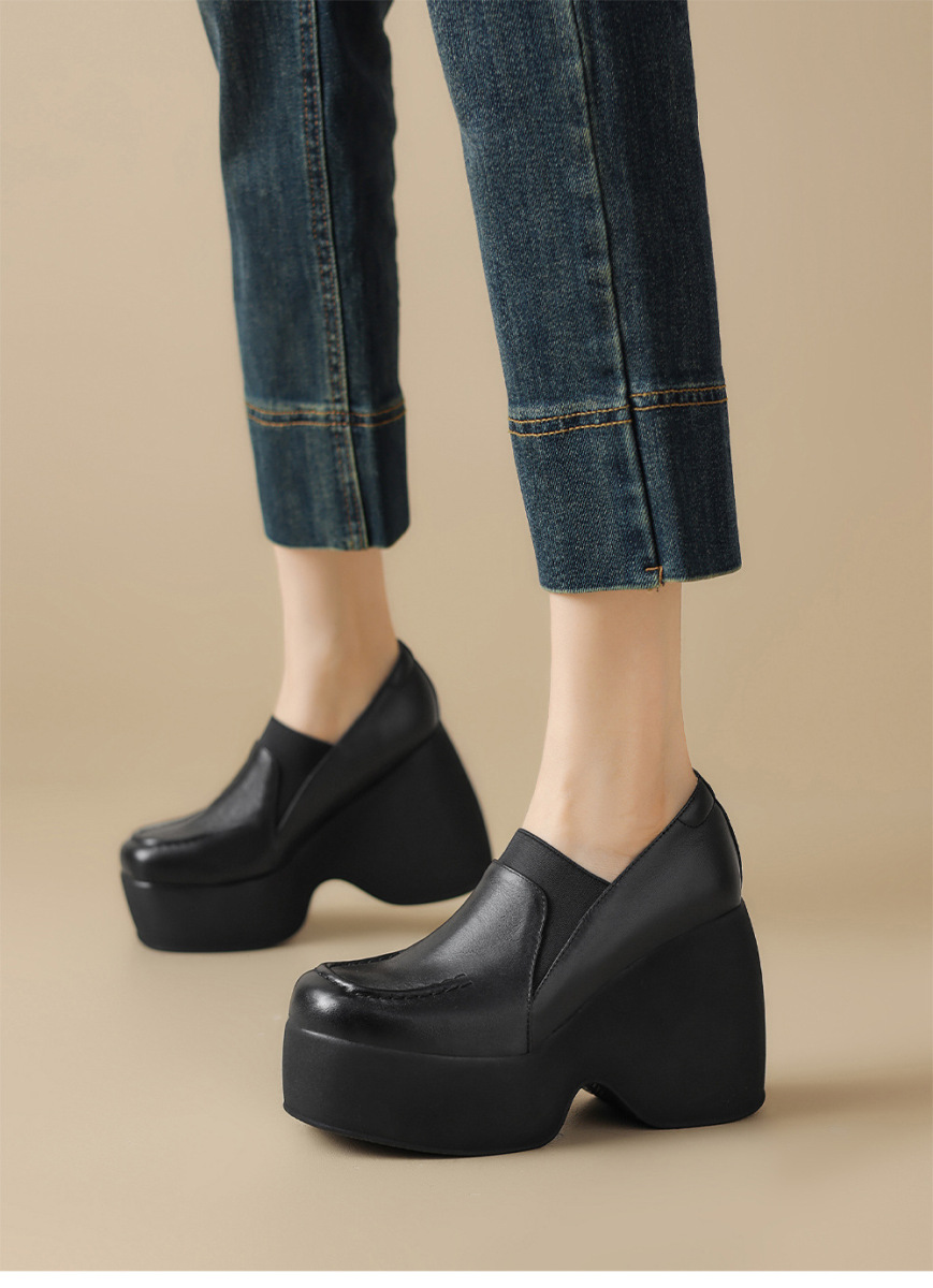 Giày cao gót nữ đế xuồng platform da bò mũi tròn gót 9cm — Màu đen